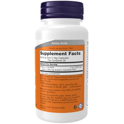 NOW Foods Supplements, Acetyl-L Carnitine 500 mg, Amino Acid, Brain And Nerve Cell Function, 50 Veg Capsules