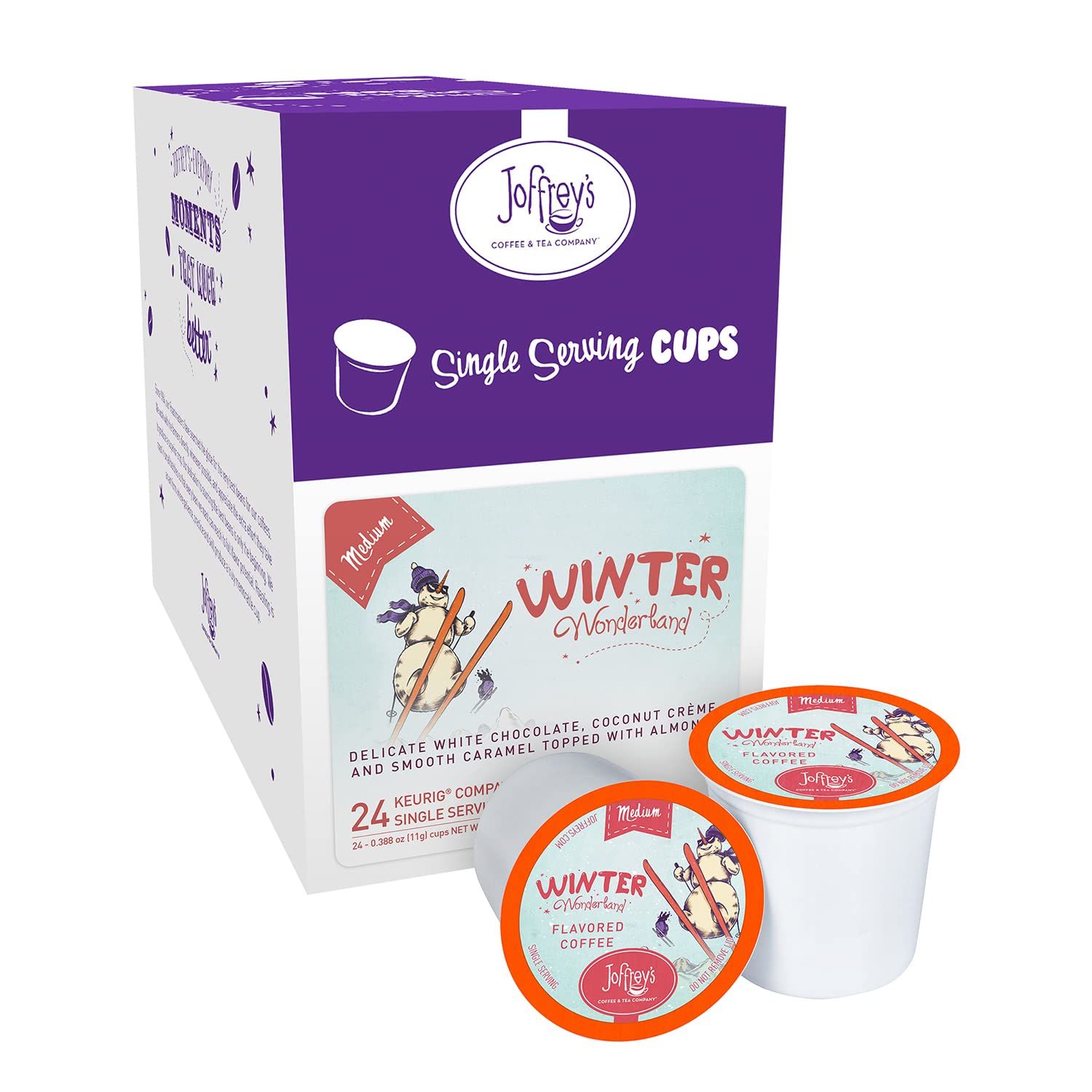 Joffreys Coffee - Winter Wonderland, Flavored Coffee, Artisan Medium Roast, White Chocolate, Coconut, Caramel, Almond Flavor, No Sugar, Keurig 2.0 Compatible Single Serve Cup, 24 Count