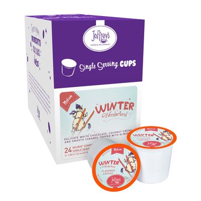 Joffreys Coffee - Winter Wonderland, Flavored Coffee, Artisan Medium Roast, White Chocolate, Coconut, Caramel, Almond Flavor, No Sugar, Keurig 2.0 Compatible Single Serve Cup, 24 Count