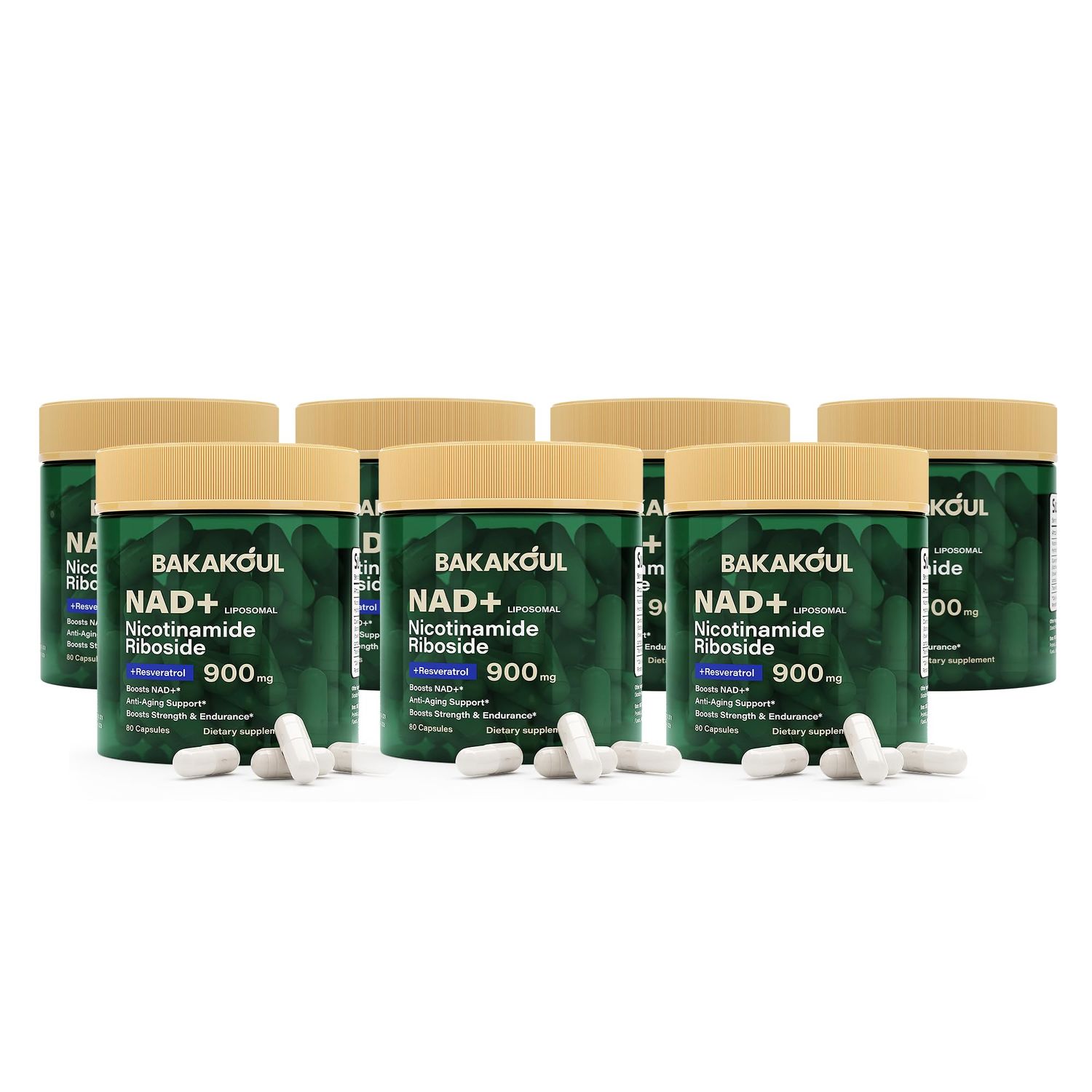 BAKAKOUL NAD Supplement - Liposomal Nicotinamide Riboside, Resveratrol, Quercetin, NAD Nicotinamide Riboside Resveratrol 900mg, NAD Supplement for Men and Women, 80 Capsules 7 Pack