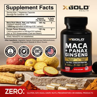 Maca Root Capsules 10,000mg Korean Panax Ginseng 1,400mg - 20x Concentrated Extract Black Red Yellow Maca Root, 10x Concentrated Extract Panax Ginseng Capsules - Ultra Potent Highly Purified