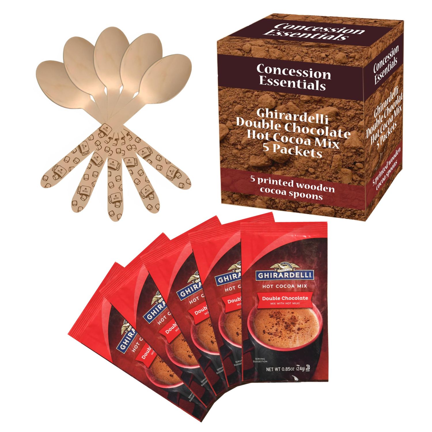 Concession Essentials Ghirardelli Double Chocolate Hot Cocoa Mix Packets, 5 Pack with Printed Wooden Spoons
