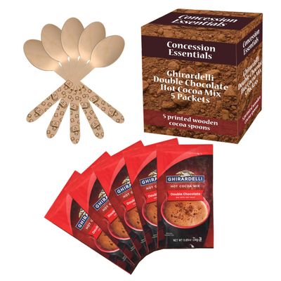 Concession Essentials Ghirardelli Double Chocolate Hot Cocoa Mix Packets, 5 Pack with Printed Wooden Spoons