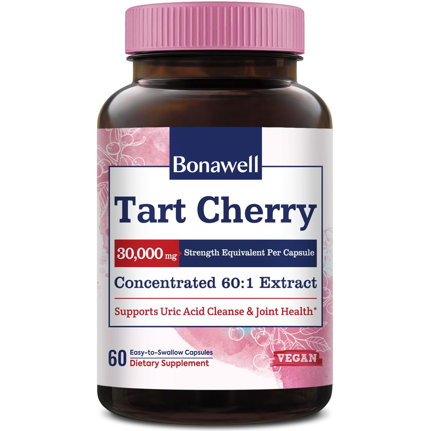 Bonawell Tart Cherry 60:1 Extract, 30000mg Strength, Made from Montmorency Tart Cherries, Powerful Uric Acid Cleanse for Joint Comfort, 2 Month Supply, 60 Capsules