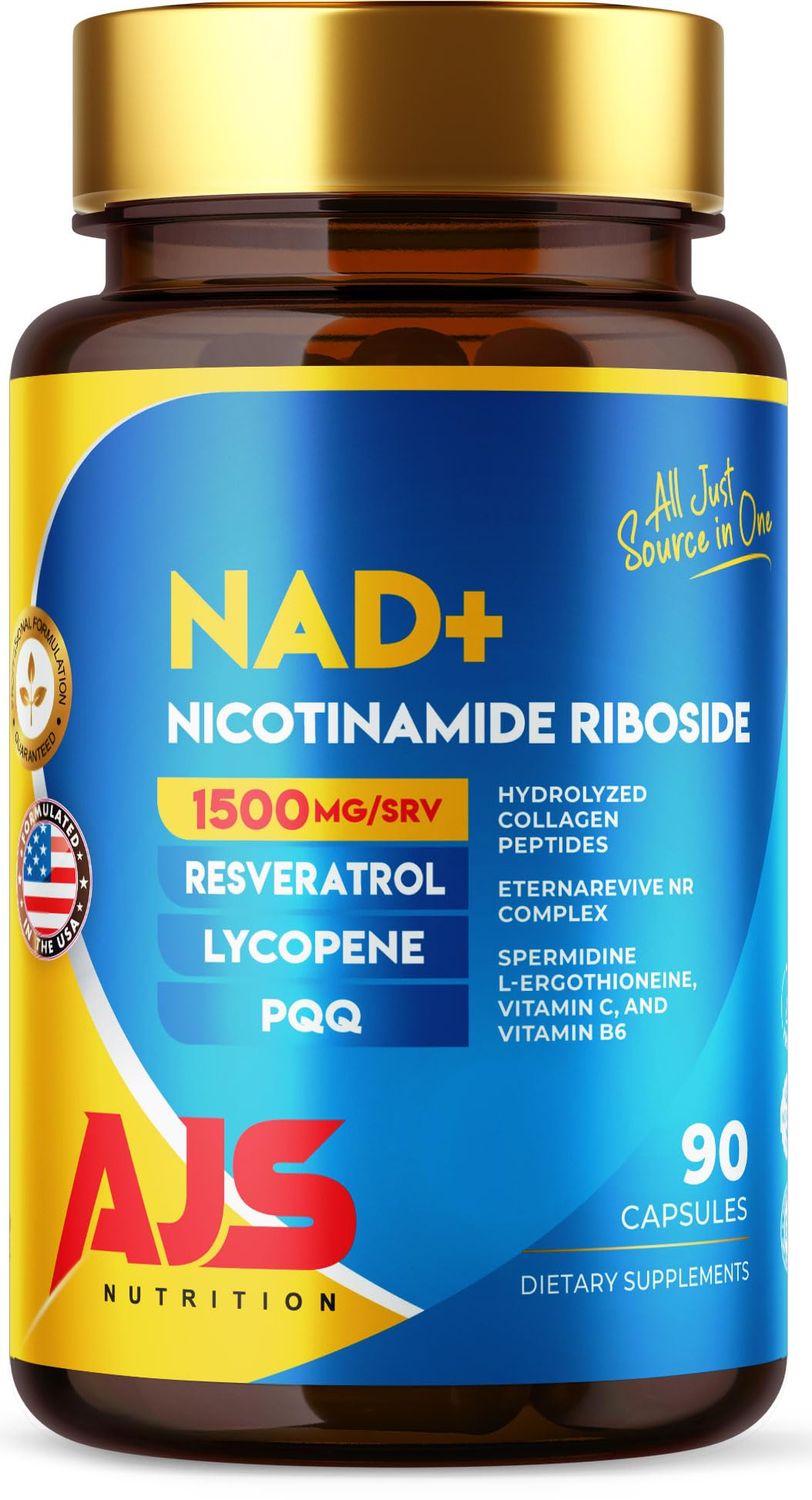 AJS NAD Cellular Energy - NR Supplement with PQQ, Resveratrol, Lycopene, Spermidine, L-Ergothioneine, and Collagen Peptides - 90 Capsules for Cellular Support Skin Health