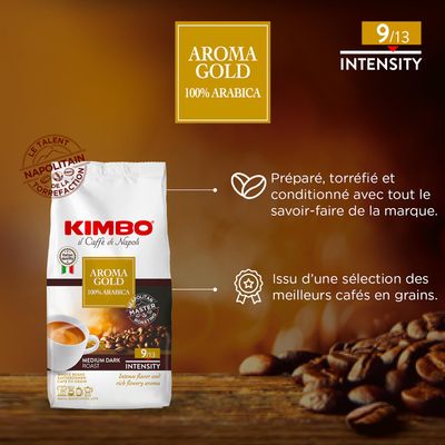 Kimbo Aroma Gold 100 Arabica Whole Bean Coffee Medium Dark Roast with Chocolate Flavor 913 Intensity Blended Roasted in Italy 17.6 oz 500g Bag