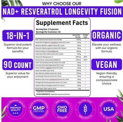 NAD Supplement. Longevity Formula with Liposomal NAD, Trans Resveratrol, Quercetin, Berberine, Betaine Anhydrous, Grape Seed, Fisetin. NAD Resveratrol Supplement with Berberine 90 Capsules.
