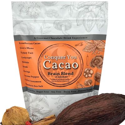 Conquer You Cacao Brain BlendCayenne, Organic Mushroom Hot Chocolate Drink, Gourmet Energizing Blend of Lions Mane, Cordyceps, Shiitake, Reishi, Moringa, Turkey Tail with Cacao, Cinnamon Sea Salt