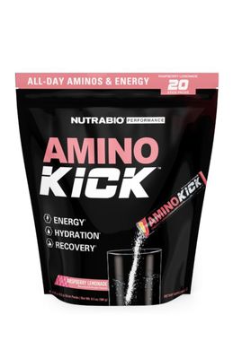 NutraBio - Amino Kick - All in One Performance Formula Energy, Hydration, Recovery 20 Servings, Raspberry Lemonade - 6g Amino Acids - Support Muscle Building