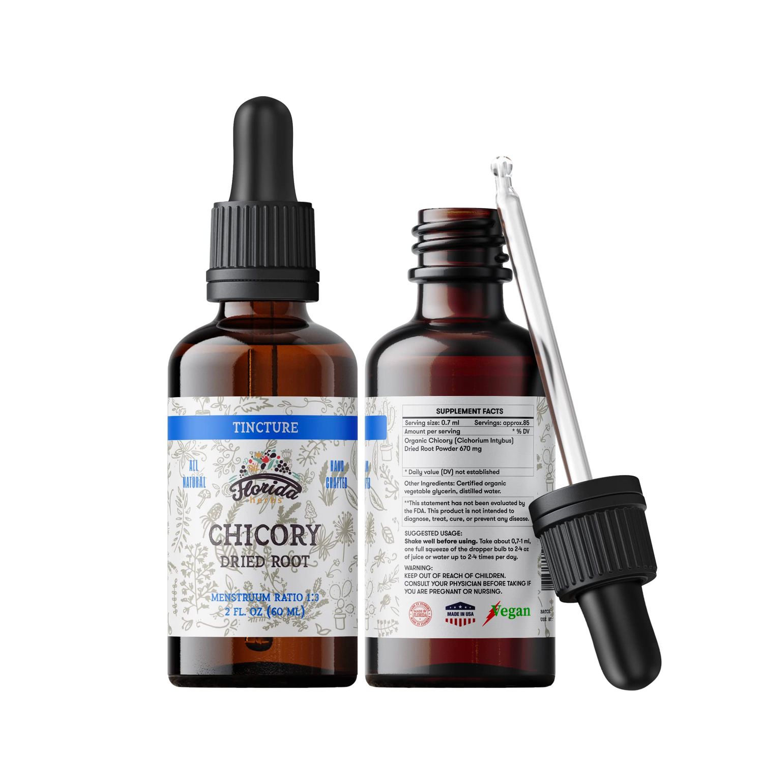 Chicory Tincture Extract, Organic Chicory Cichorium Intybus Dried Root for Loss of Appetite, Liver, and Gallbladder, Non-GMO in Cold-Pressed Organic Vegetable Glycerin 2 oz 60 ml, 700 mg