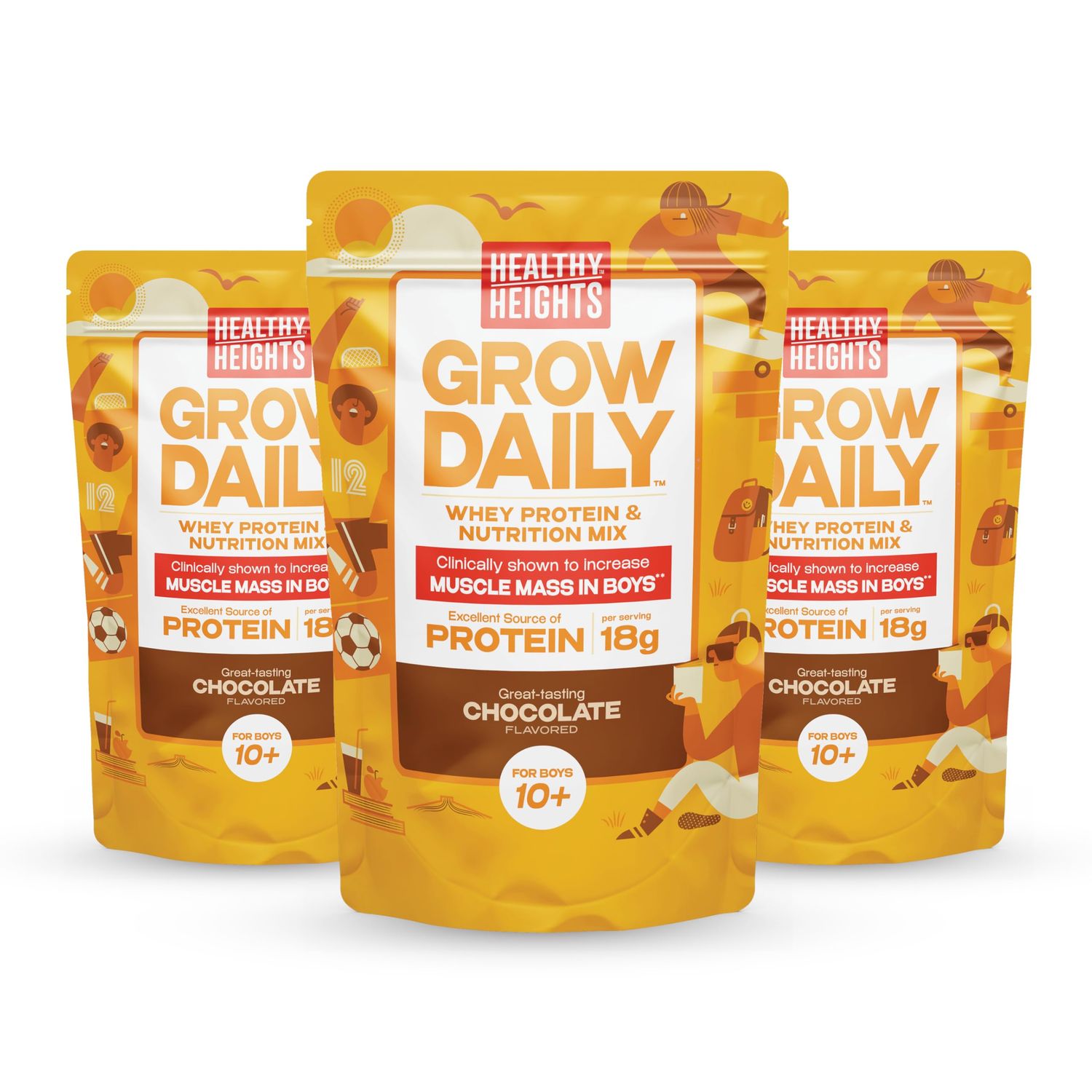 Healthy Heights Grow Daily Kids Protein Drink Mix Chocolate, 3 pack, High Protein Shake for Boys 10