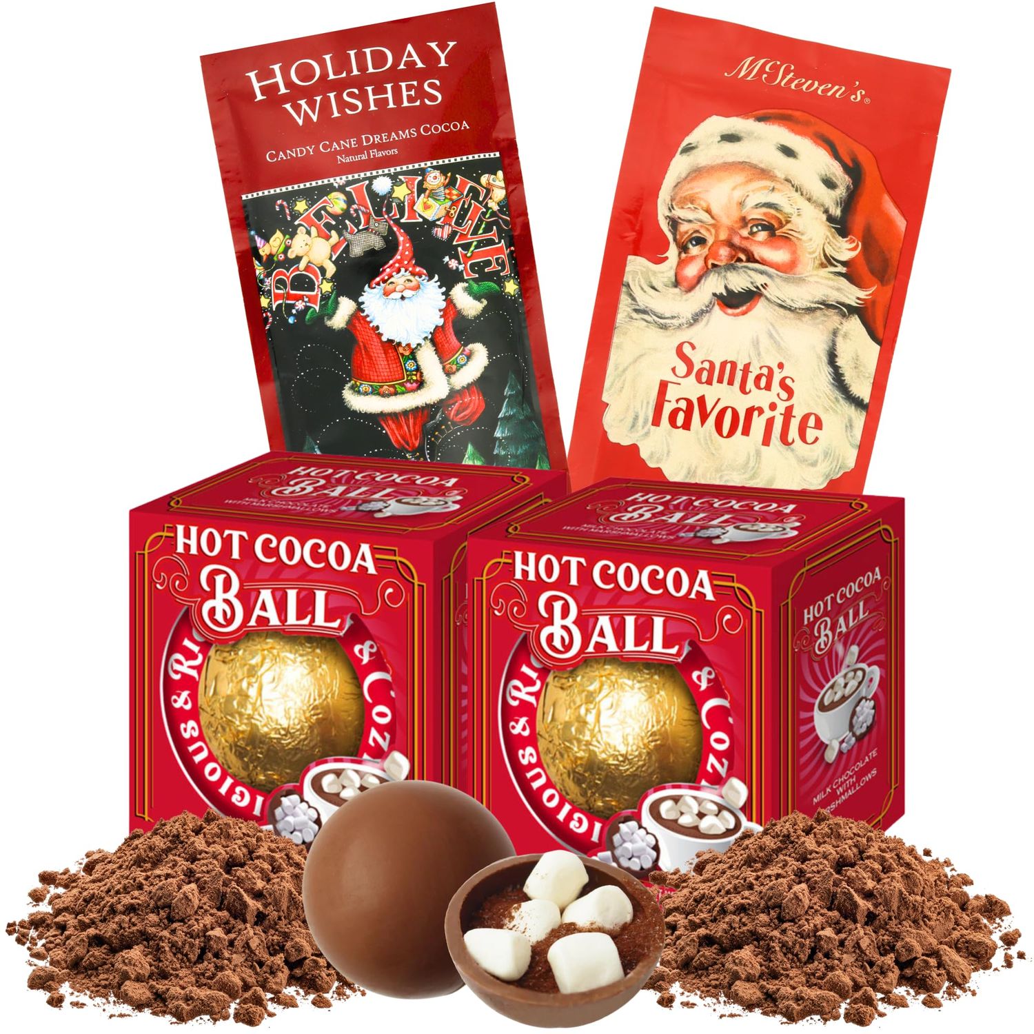Sweetzo Christmas Hot Chocolate Assortment, Cocoa Powder Packets and Melting Balls with Marshmallows -1 Ounce Each Pack of 4 Items