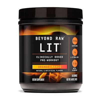 BEYOND RAW LIT PreWorkout Powder Supplement for Men and Women, Energy, Focus, Endurance, Pumps, Nitric Oxide Boost, 250mg Caffeine, Creatine, Beta Alanine, Orange Mango, 30 Servings