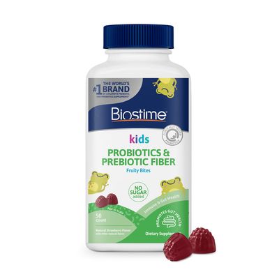 Biostime Kids Prebiotic Probiotic Gummies Ages 4 Probiotics for Kids Includes 2 Billion CFU to Support Digestive Health No Added Sugar Fruity Bites Free from Top 9 Allergens 50 Count