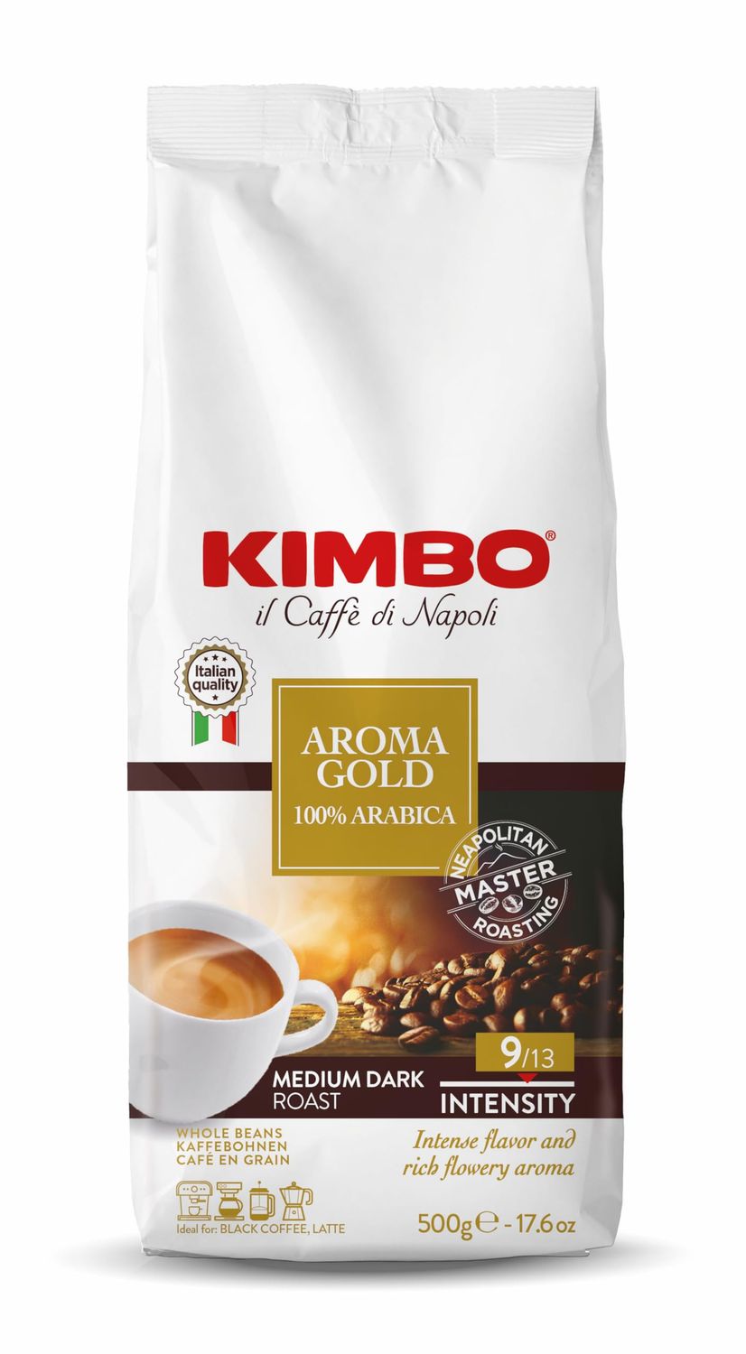 Kimbo Aroma Gold 100 Arabica Whole Bean Coffee Medium Dark Roast with Chocolate Flavor 913 Intensity Blended Roasted in Italy 17.6 oz 500g Bag