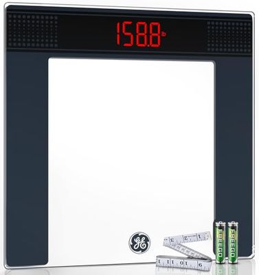 GE Bathroom Scale for Body Weight: Highly Accurate Digital Weighing Machine with Clear Tempered Glass, Compact Design, 400 lbs, with Body Tape Measure