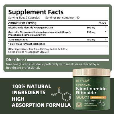 BIYODE NAD Capsules Supplement: Ultra Strength Liposomal Resveratrol Boost Cellular Health Stamina Support Healthy Aging with 900mg NAD Plus Supplement 80 Capsules 40 Day Supply