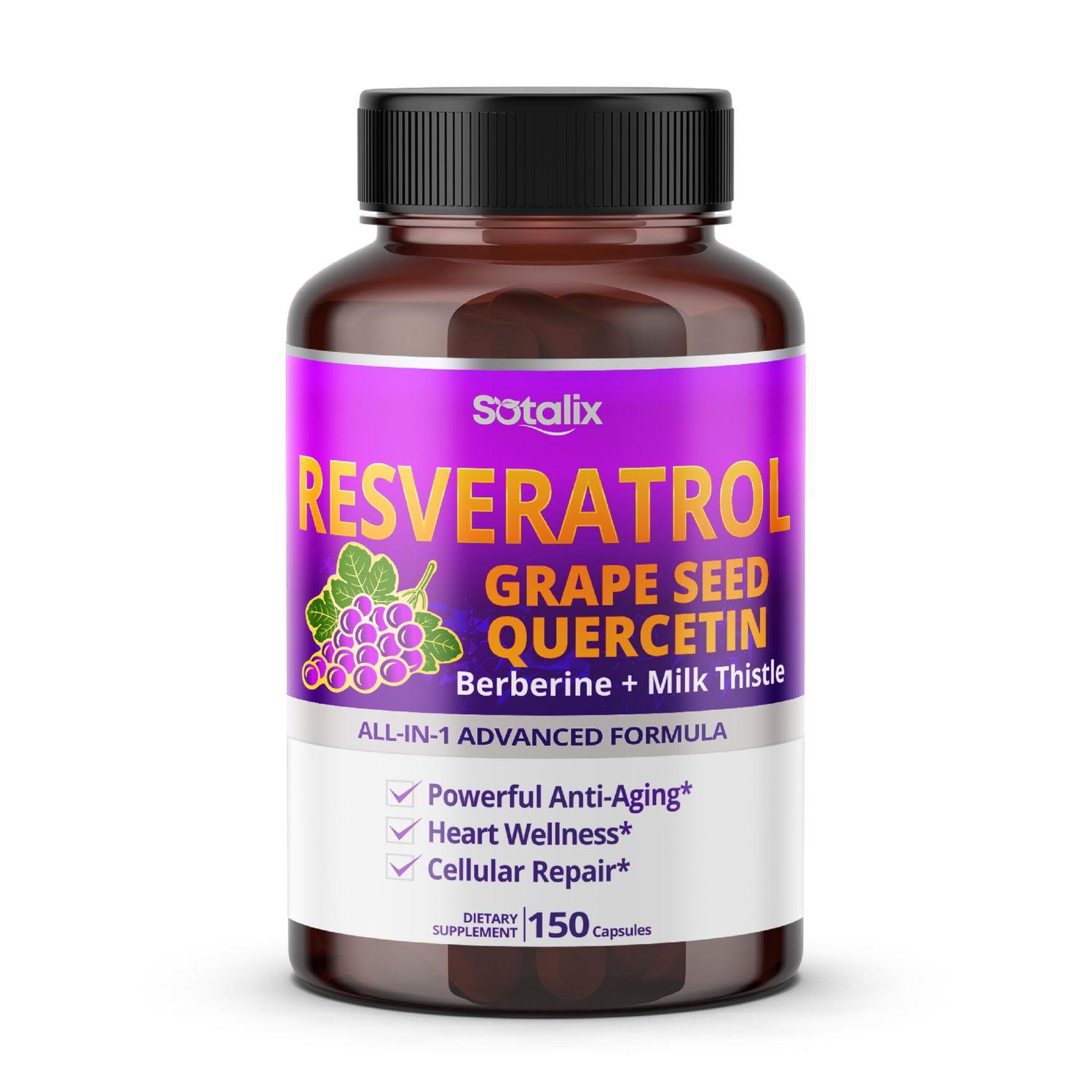 Resveratrol 24,000mg with Grape Seed Quercetin Berberine Milk Thistle Powerful Anti-Aging - USA Made Tested 150-day Supply Pack of 1