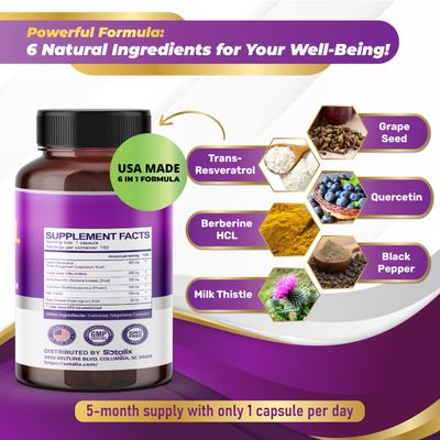 Resveratrol 24,000mg with Grape Seed Quercetin Berberine Milk Thistle Powerful Anti-Aging - USA Made Tested 150-day Supply Pack of 1