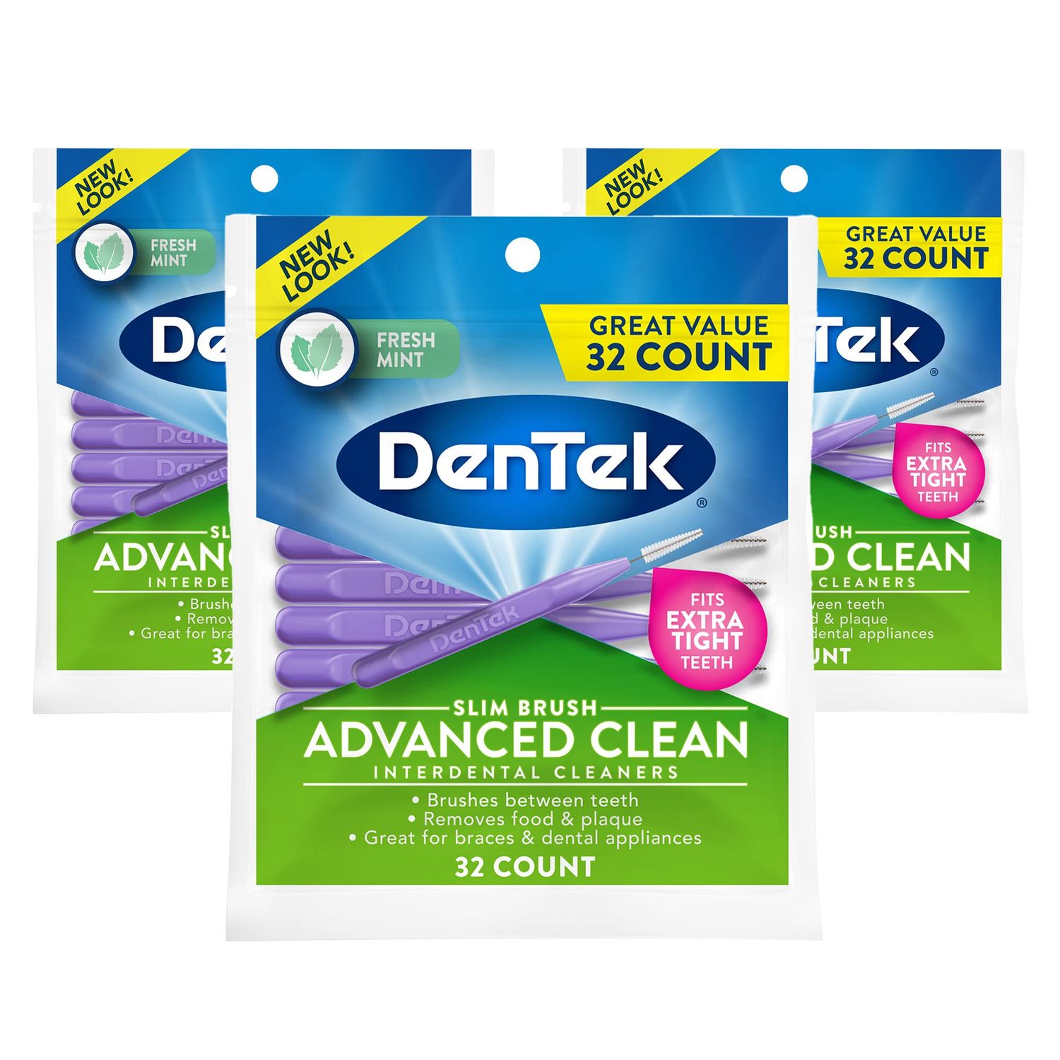DenTek Slim Brush Interdental Cleaners Brushes Between Teeth Extra Tight Teeth Mint Flavor 32 Count Pack of 3