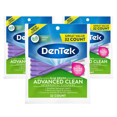 DenTek Slim Brush Interdental Cleaners Brushes Between Teeth Extra Tight Teeth Mint Flavor 32 Count Pack of 3