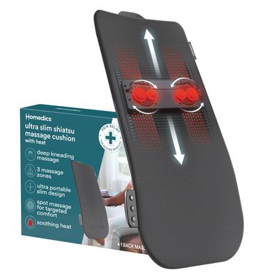 Homedics Ultra Slim Shiatsu Massage Cushion with Heat - Full Back Coverage, Deep Kneading Massage, 3 Zone Control UpperLowerFull, Soothing Heat, Slim Profile, Portable Design, Fits Most Chairs