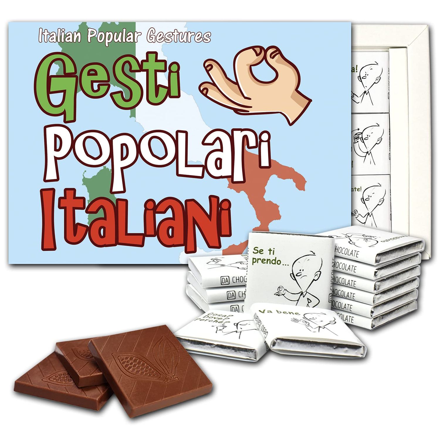 POPULAR ITALIAN GESTURES, Chocolate Gift Set - 1 box, 5 x 7.5 inches Italy Flag