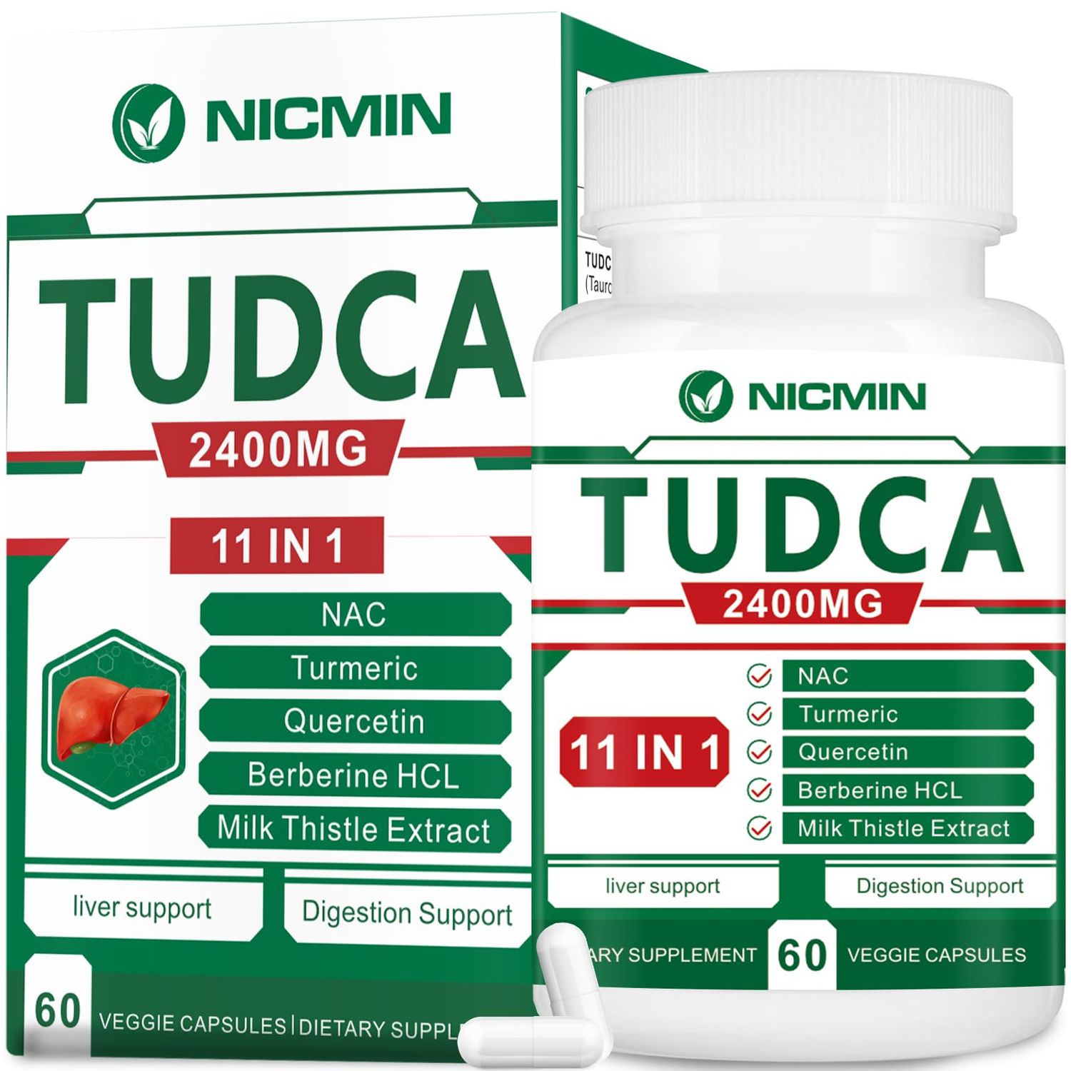 NICMIN TUDCA Supplements 2400MG, Bile Salts Complex for Liver Detox Gallbladder Cleanse, Anti-Aging for Men and Women, Digestive Health 60 Capsules