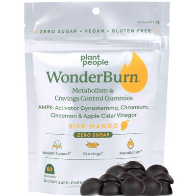 Plant People WonderBurn Metabolism Cravings Control Gummies, Zero Sugar, Ripe Mango Flavor 60 Count