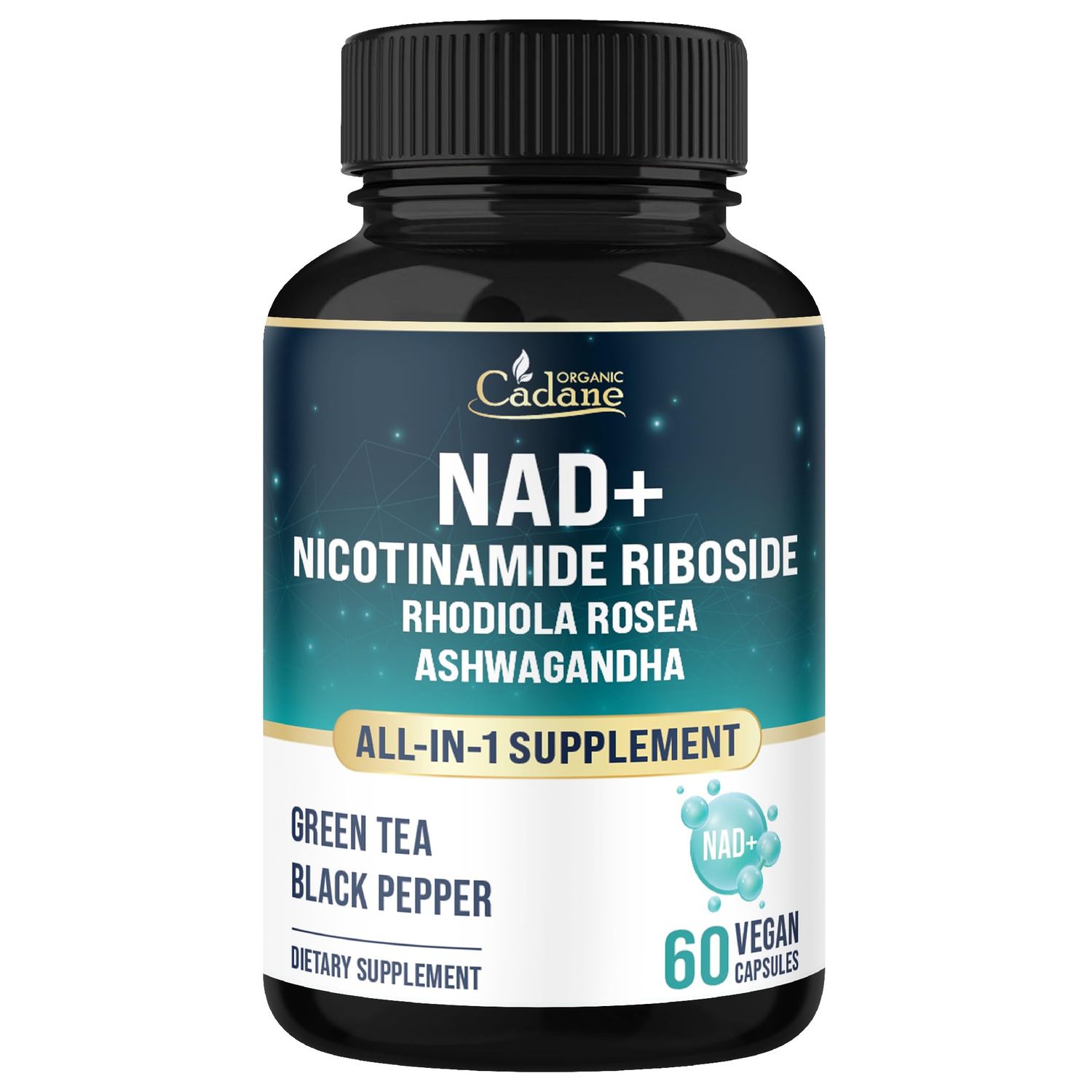Organic Cadane Nicotinamide Riboside Supplement with Rhodiola Rosea, Ashwagandha, Green Tea More Cellular Health Vitality Support Vegan, Non-GMO - 60 Capsules