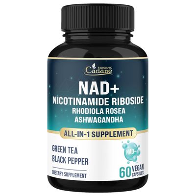 Organic Cadane Nicotinamide Riboside Supplement with Rhodiola Rosea, Ashwagandha, Green Tea More Cellular Health Vitality Support Vegan, Non-GMO - 60 Capsules