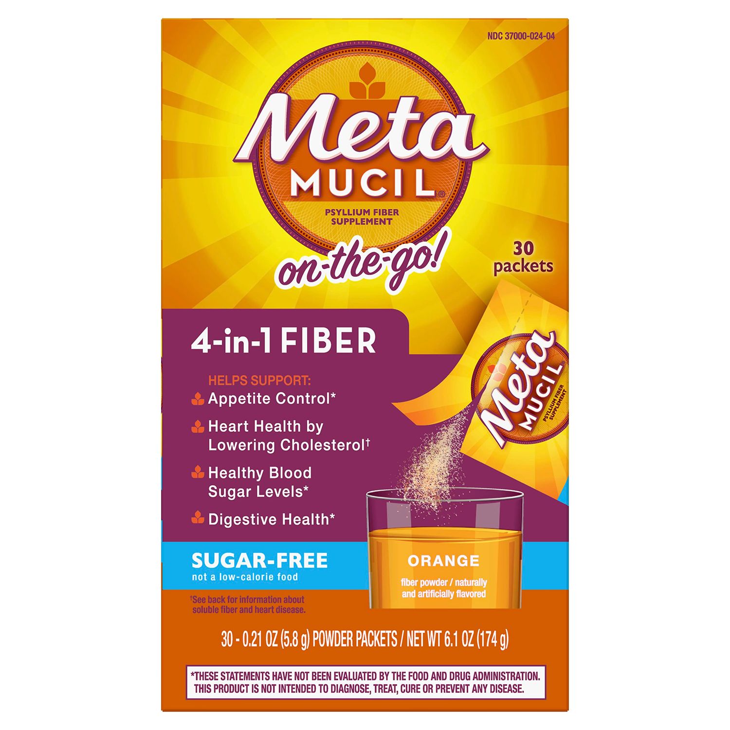 Metamucil Fiber 4-in-1 Psyllium Fiber Supplement Sugar-Free Powder Single-Serve Packets Orange Flavored Drink 2 Boxes of 30 Packets OLD