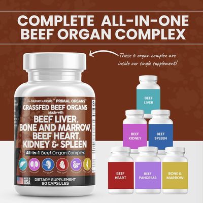 Clean Nutraceuticals Grass Fed Beef Liver Capsules - Premium Quality Supplement Packed with Desiccated, Beef Heart, Beef Spleen, Beef Pancreas Plus Bone Marrow Dao Enzyme Pills