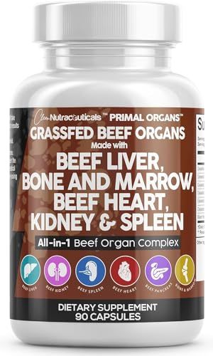 Clean Nutraceuticals Grass Fed Beef Liver Capsules - Premium Quality Supplement Packed with Desiccated, Beef Heart, Beef Spleen, Beef Pancreas Plus Bone Marrow Dao Enzyme Pills