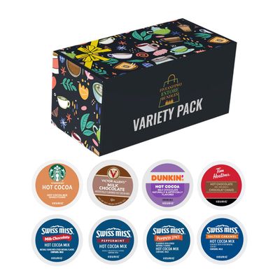 Hot Cocoa Hot Chocolate K Pods Variety Pack - Starbuck, SwissMiss, Dunkin, Tim Hortons, Victor Allens, 16 pcs, 8 Flavors - Milk Chocolate, Peppermint, Salted Caramel, Pumpkin Spice-Glossy Gift Box