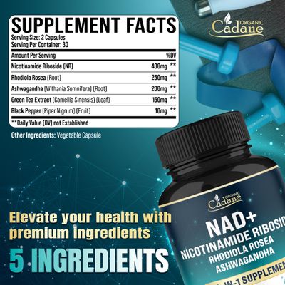 Organic Cadane Nicotinamide Riboside Supplement with Rhodiola Rosea, Ashwagandha, Green Tea More Cellular Health Vitality Support Vegan, Non-GMO - 60 Capsules