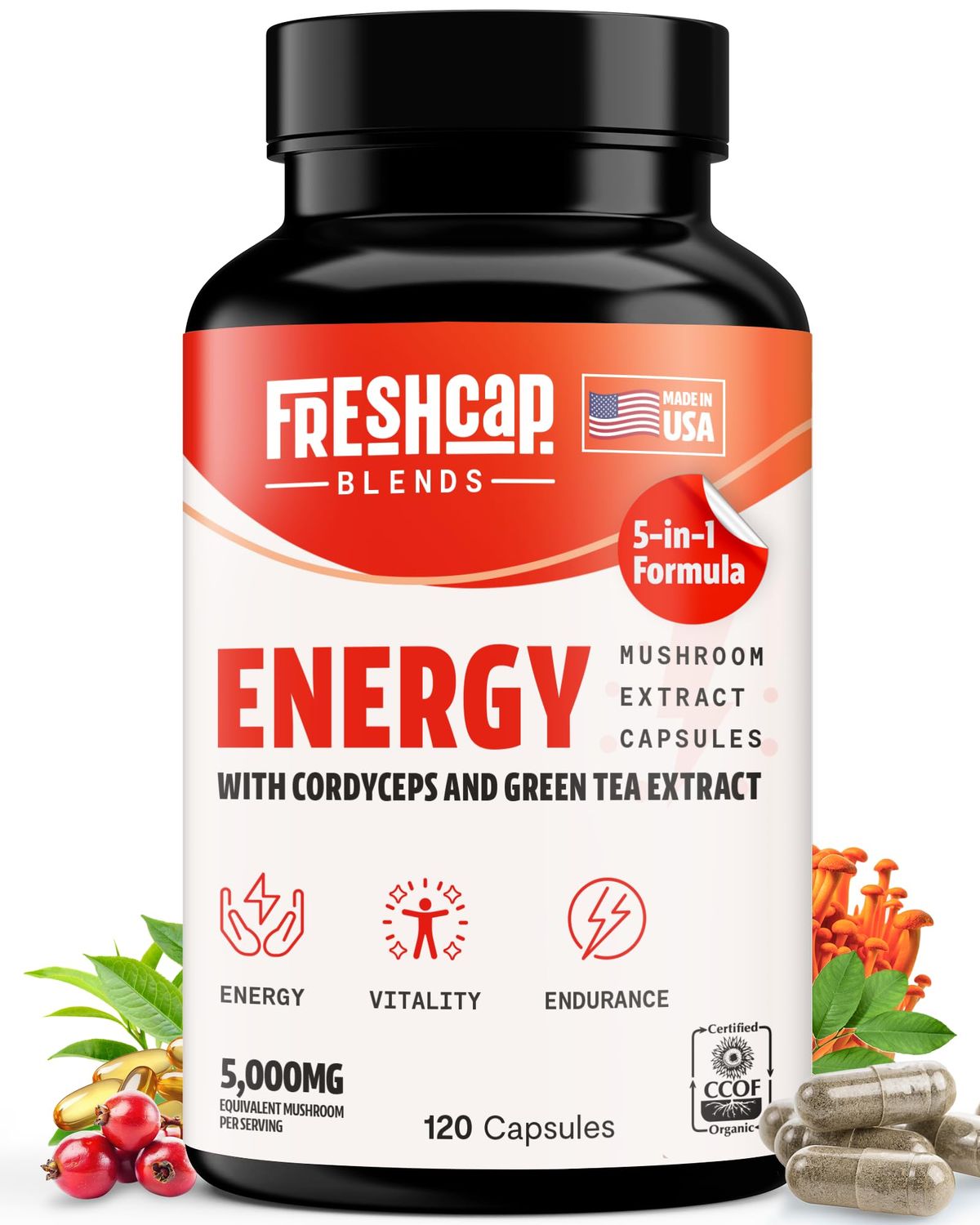 FreshCap 5-in-1 Energy Supplements, Energy Supplements for Women and Men, Energy Boosters for Fatigue, Energy Support, Cordyceps Extract, Ayurveda Cordyceps Mushroom Blend Capsules 120 Capsules