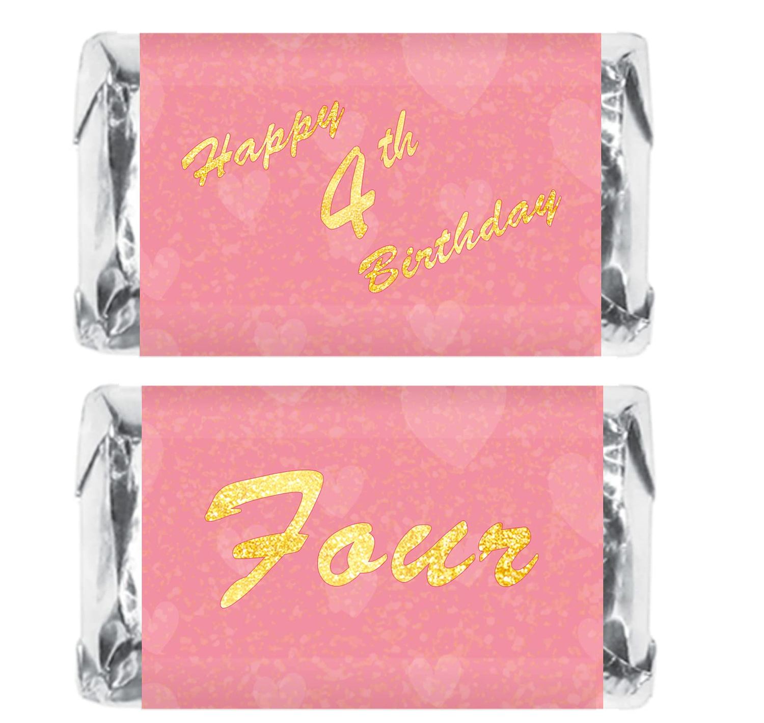 4th Birthday Miniature Candy Bar Wrapper, Four Pink Mini Chocolate Bar Stickers for Birthday Party, Table Top Event Decorations, Candy Not Included. Made in USA
