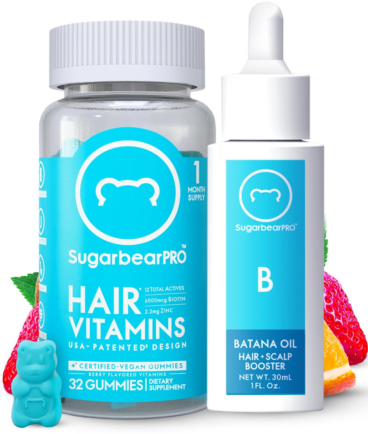 Sugarbear Batana Hair Oil Glass-Dropper Applicator, 1oz Vegan Hair Vitamin Gummies 1 Month Supply, Extra Strength Biotin 6000mcg