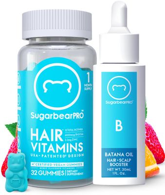 Sugarbear Batana Hair Oil Glass-Dropper Applicator, 1oz Vegan Hair Vitamin Gummies 1 Month Supply, Extra Strength Biotin 6000mcg