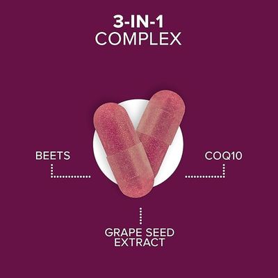Qunol Blood Pressure Support, 3 in 1 Beets CoQ10 Grape Seed Extract, Beet Root Capsules That Supports Healthy Blood Circulation Heart Healthy Energy, 60 Count (Pack of 1)