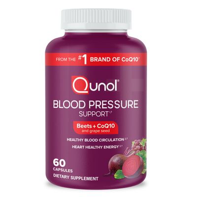 Qunol Blood Pressure Support, 3 in 1 Beets CoQ10 Grape Seed Extract, Beet Root Capsules That Supports Healthy Blood Circulation Heart Healthy Energy, 60 Count (Pack of 1)
