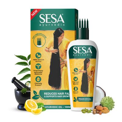 SESA Ayurvedic Hair Oil With Bhringraj 17 Rare Herbs With Coconut Oil and 4 Nourishing Oil For Hair Growth Help Control Hair Fall Easy Hair Oil Applicator For Women and Men, 3.38 Fl Oz or 100 ml
