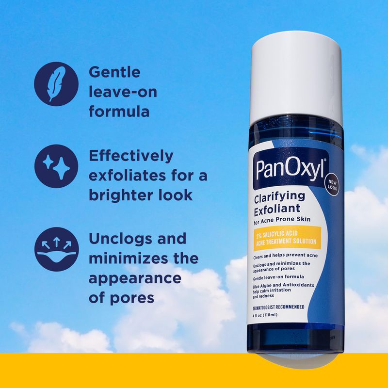 PanOxyl Clarifying Exfoliant with 2 Salicylic Acid, BHA Liquid Exfoliant for Face, Unclogs, Minimizes Appearance of Pores, Blue Algae and Antioxidants Help Calm Redness, For Acne Prone Skin, 4 fl oz
