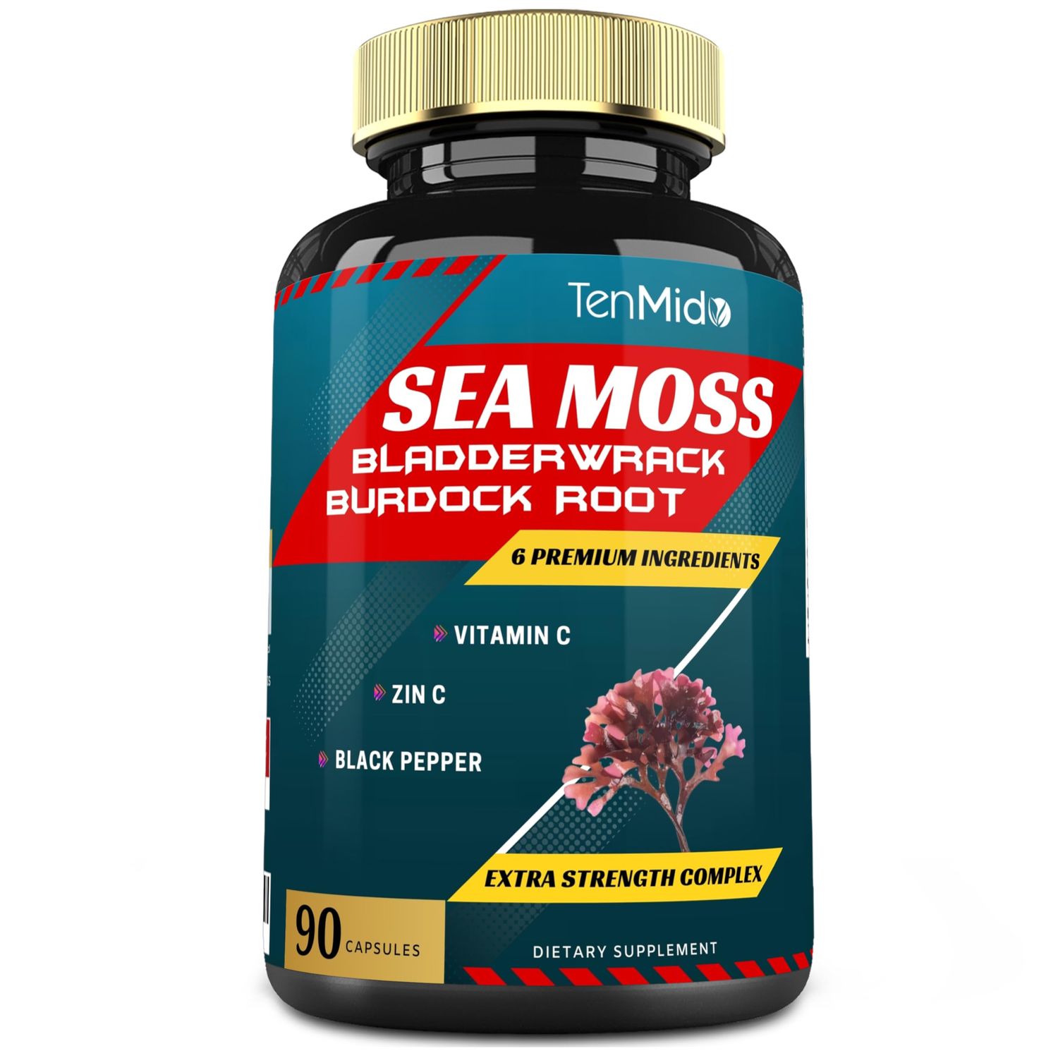 Tenmido Organic Irish Sea Moss Capsules with VitC, Zn.C, Bladderwrack, Burdock Root, Black Pepper - 3 Months Supply