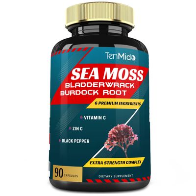 Tenmido Organic Irish Sea Moss Capsules with VitC, Zn.C, Bladderwrack, Burdock Root, Black Pepper - 3 Months Supply