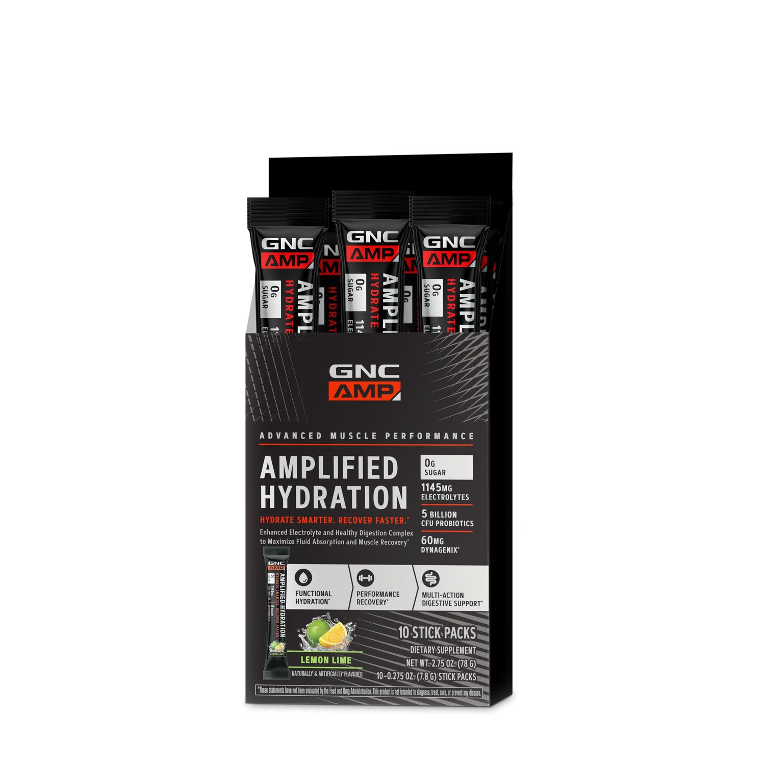 GNC AMP Amplified Hydration Electrolyte Powder Drink Mix Enhanced Electrolyte Healthy Digestion Complex Lemon Lime 10 Count