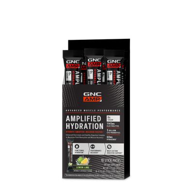 GNC AMP Amplified Hydration Electrolyte Powder Drink Mix Enhanced Electrolyte Healthy Digestion Complex Lemon Lime 10 Count