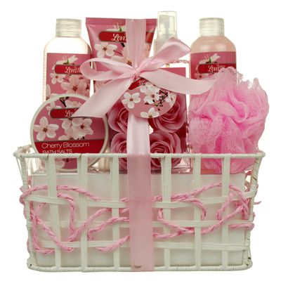 Spa Bath and Body - Spa Gift Baskets for Women Girls, Cherry Fragrance, Spa Birthday Gift Includes Loofah Sponge, Bath Salt, Body Lotion, Soap Rose, Body Mist, Shower Gel Bubble Bath
