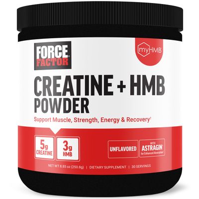 Force Factor Creatine HMB, 5g Creatine Monohydrate Powder, 3g myHMB, Support Muscle, Strength, Energy Recovery, with AstraGin for Enhanced Absorption, 30 Servings, Unflavored Powder